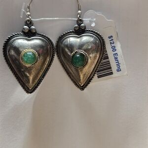 Silver Heart Earrings with Green Stone